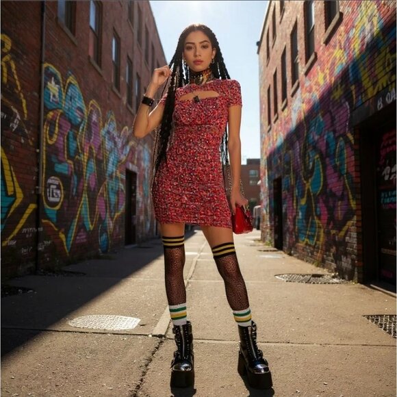 Twiin Tied Mesh Mini Dress – Red & Pink Floral Cut‑Out Neckline NWT XS - Picture 2 of 6